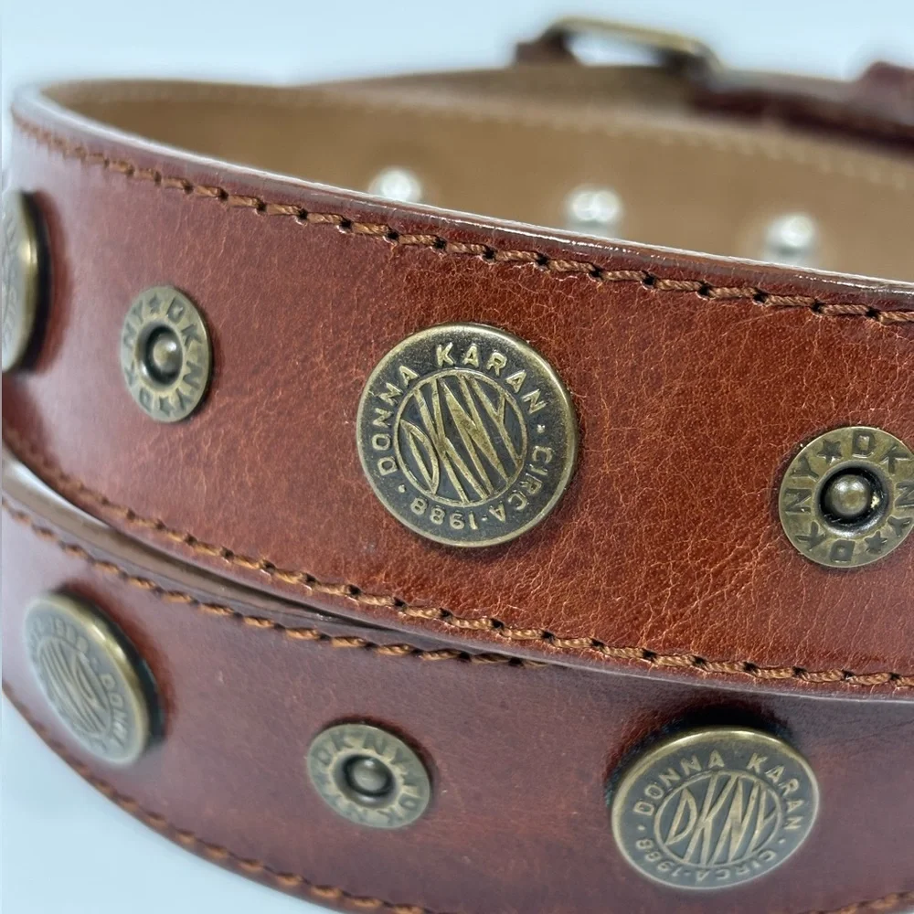 DKNY Leather Riveted Logo Belt Brown Brass‎ Vintage Size Small